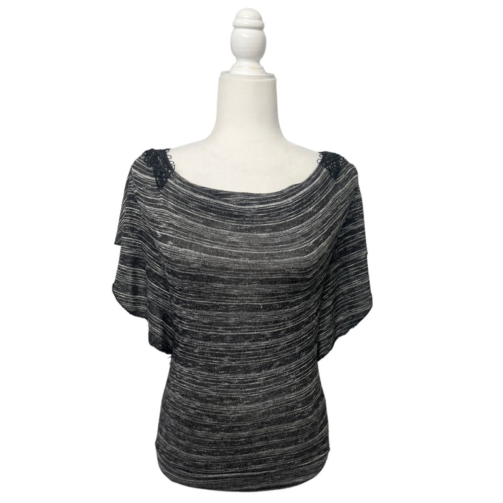 Almost Famous Gray Striped Lace Back Short Sleeve Top - Size Small